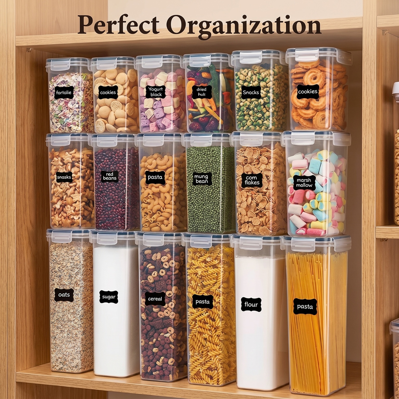 Snacks Food Labels - 24 Pack Airtight Cereal Storage Containers