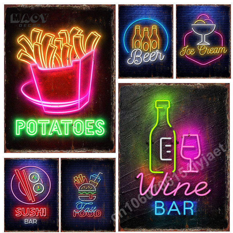 Vintage Neon Food Metal Tin Si – Food Snacks Menu recenzja i cena